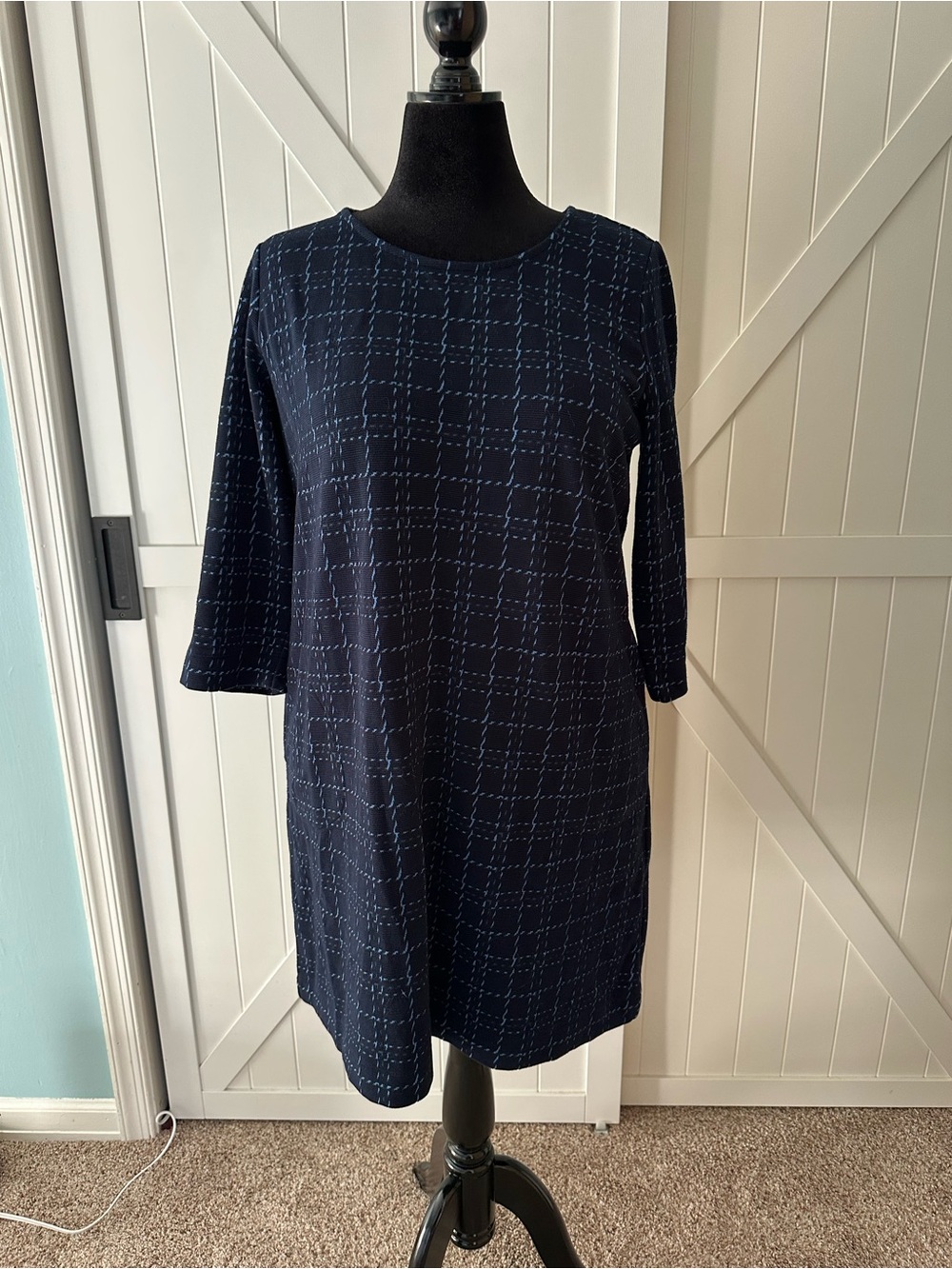 J. Jill Petite Large Navy Blue Textured Plaid Shift Dress Pockets